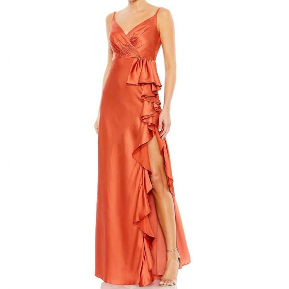 NEW MAC DUGGAL ieena v-neck spaghetti strap satin gown in spice